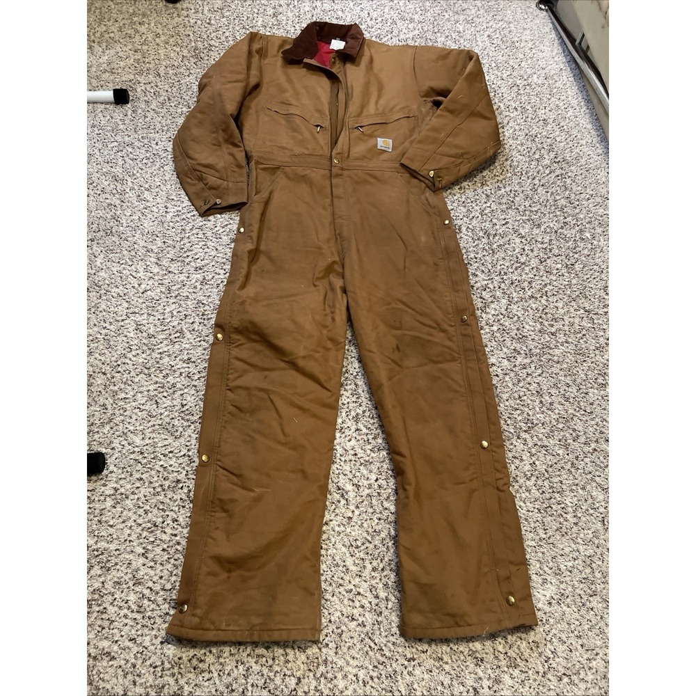 Carhartt X01 BRN Quilt Lined Duck Work Coveralls Brown Regular No Hood Has Spots